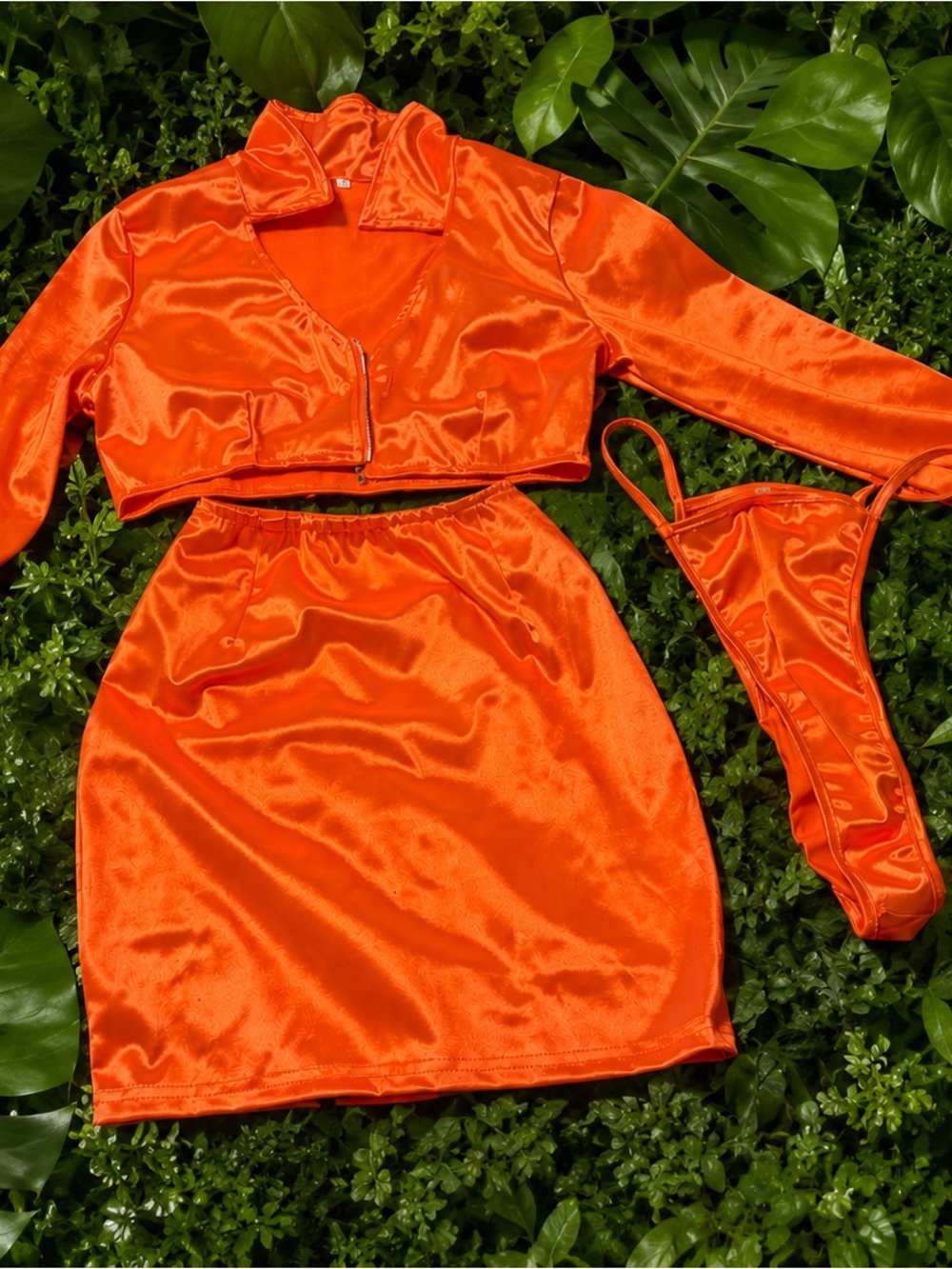 Bright Orange Satin 3-Piece Set - Crop Jacket, Skirt & Thong